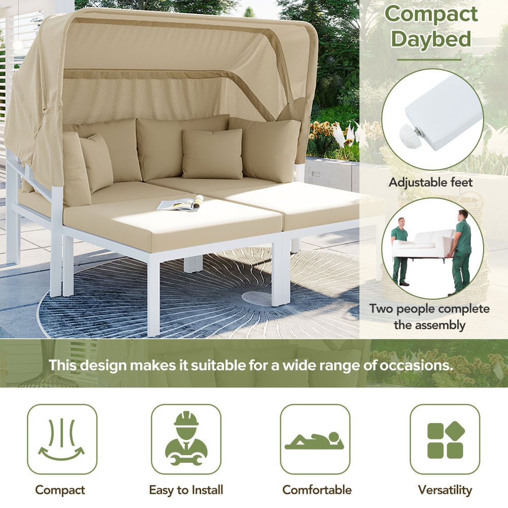 60" 3-Piece Patio Daybed with Retractable Canopy - Outdoor Metal Sectional Sofa Set - Sun Lounger with Cushions for Backyard & Porch & Poolside