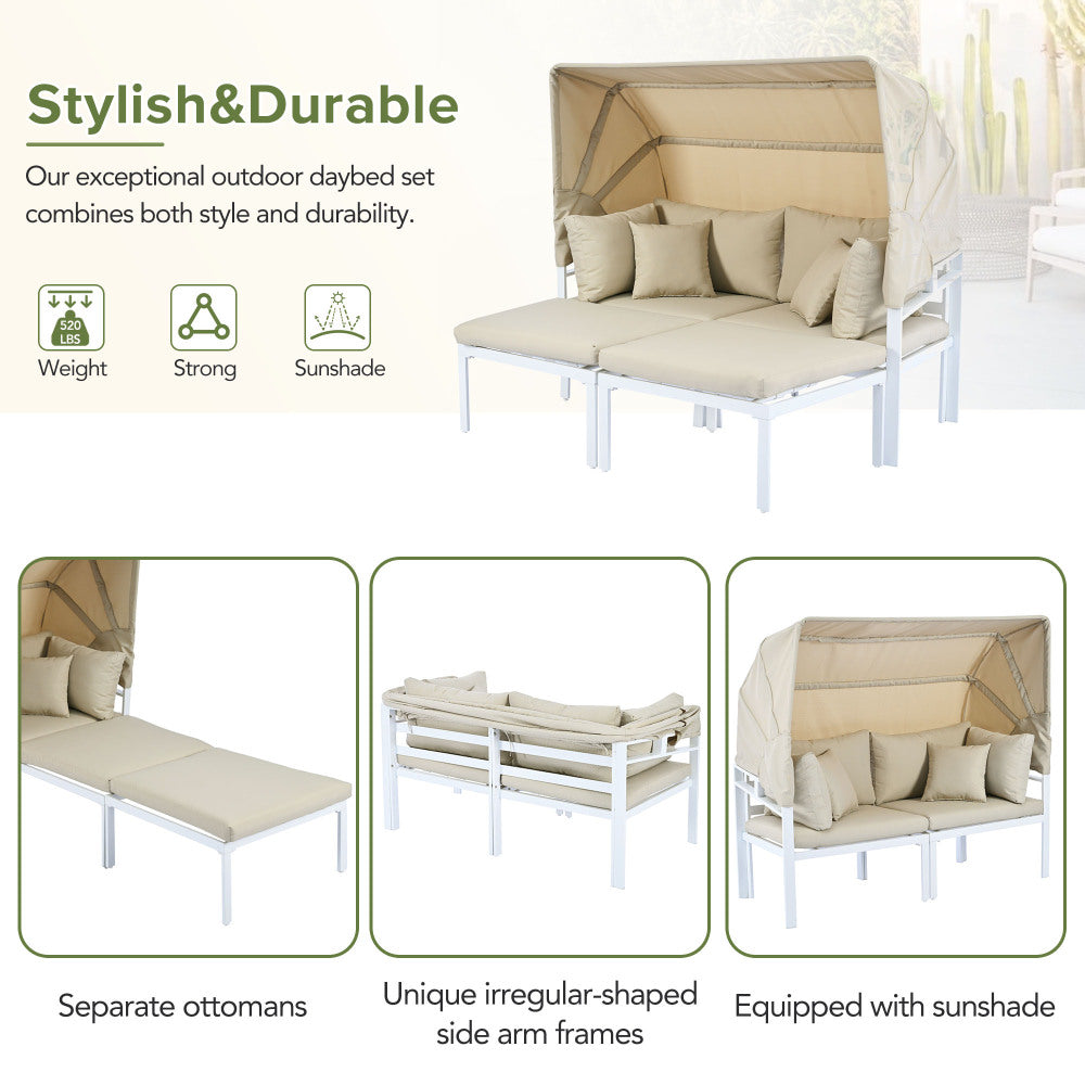 60" 3-Piece Patio Daybed with Retractable Canopy - Outdoor Metal Sectional Sofa Set - Sun Lounger with Cushions for Backyard & Porch & Poolside