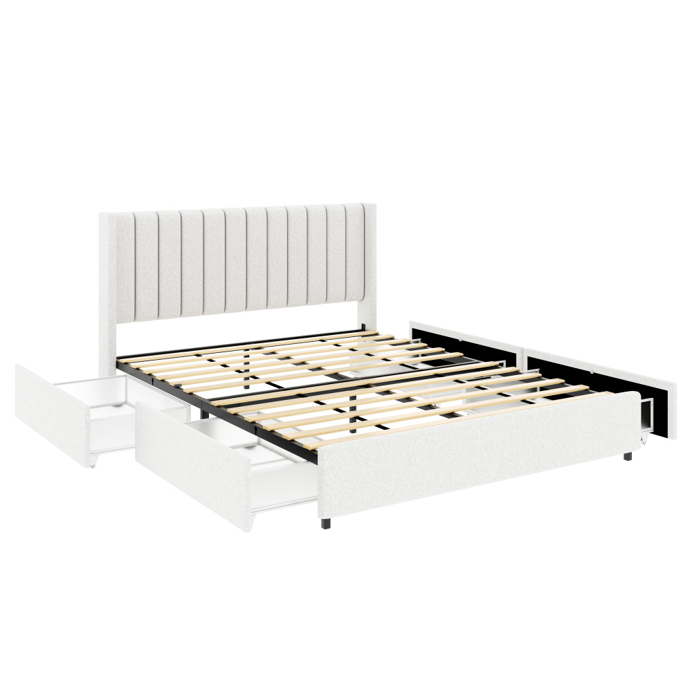 Queen Size Ivory Boucle Upholstered Platform Bed Frame - Tufted Headboard with 4 Drawers Storage - Wooden Slat Mattress Support - No Box Spring Needed