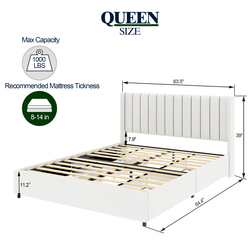 Queen Size Ivory Boucle Upholstered Platform Bed Frame - Tufted Headboard with 4 Drawers Storage - Wooden Slat Mattress Support - No Box Spring Needed