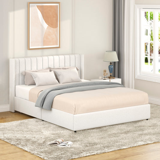 Queen Size Ivory Boucle Upholstered Platform Bed Frame - Tufted Headboard with 4 Drawers Storage - Wooden Slat Mattress Support - No Box Spring Needed