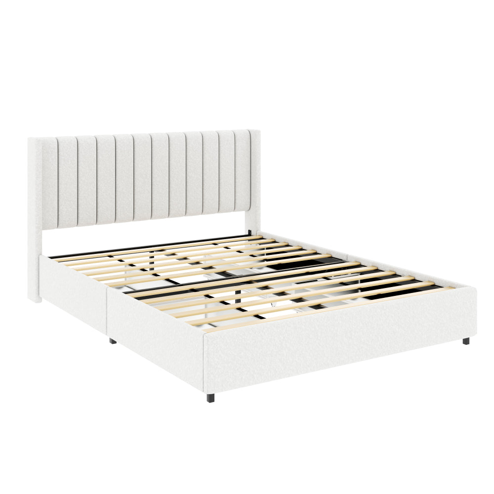 Queen Size Ivory Boucle Upholstered Platform Bed Frame - Tufted Headboard with 4 Drawers Storage - Wooden Slat Mattress Support - No Box Spring Needed