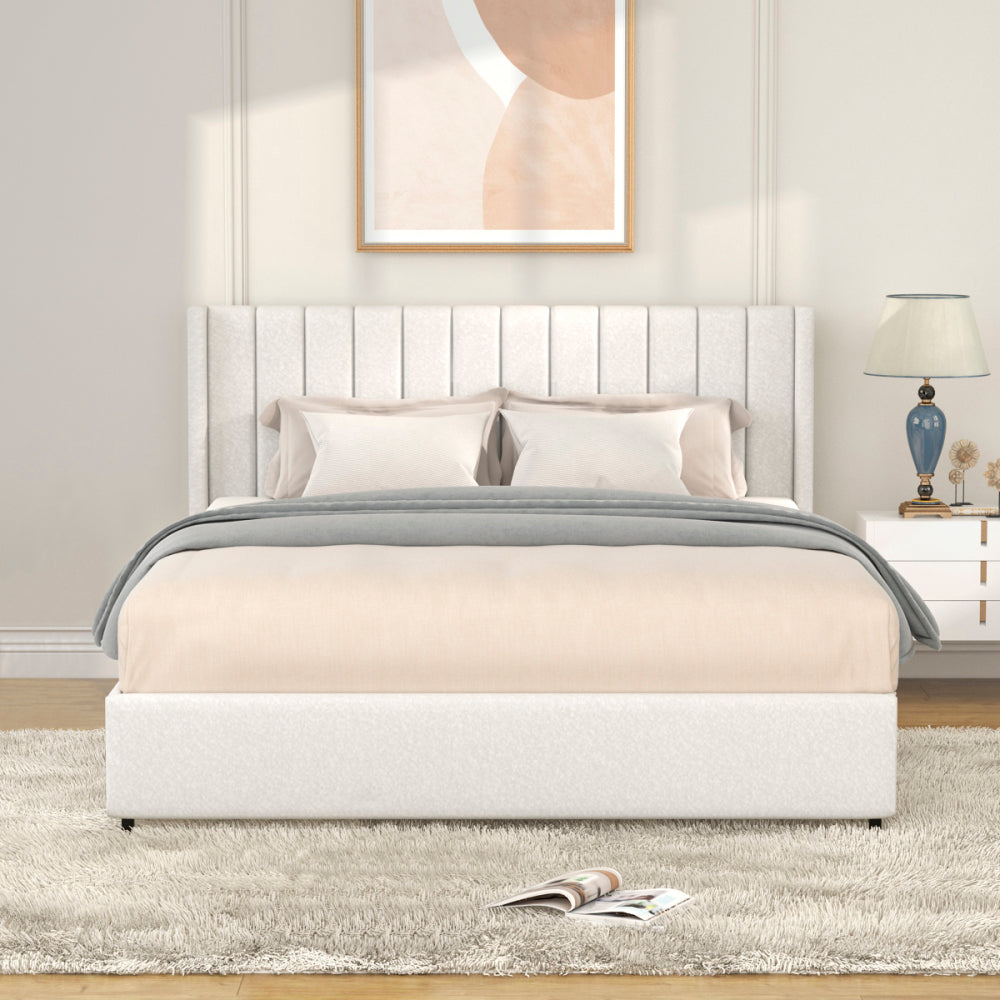 Queen Size Ivory Boucle Upholstered Platform Bed Frame - Tufted Headboard with 4 Drawers Storage - Wooden Slat Mattress Support - No Box Spring Needed