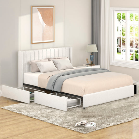 Queen Size Ivory Boucle Upholstered Platform Bed Frame - Tufted Headboard with 4 Drawers Storage - Wooden Slat Mattress Support - No Box Spring Needed