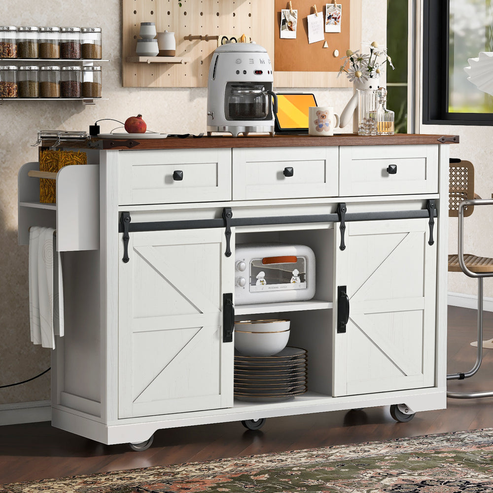 47" Farmhouse Kitchen Island with Power Outlet - 2 Sliding Barn Door with Drop Leaf & Spice Rack - Rolling Kitchen Cart on Wheels for Kitchen and Dining Room