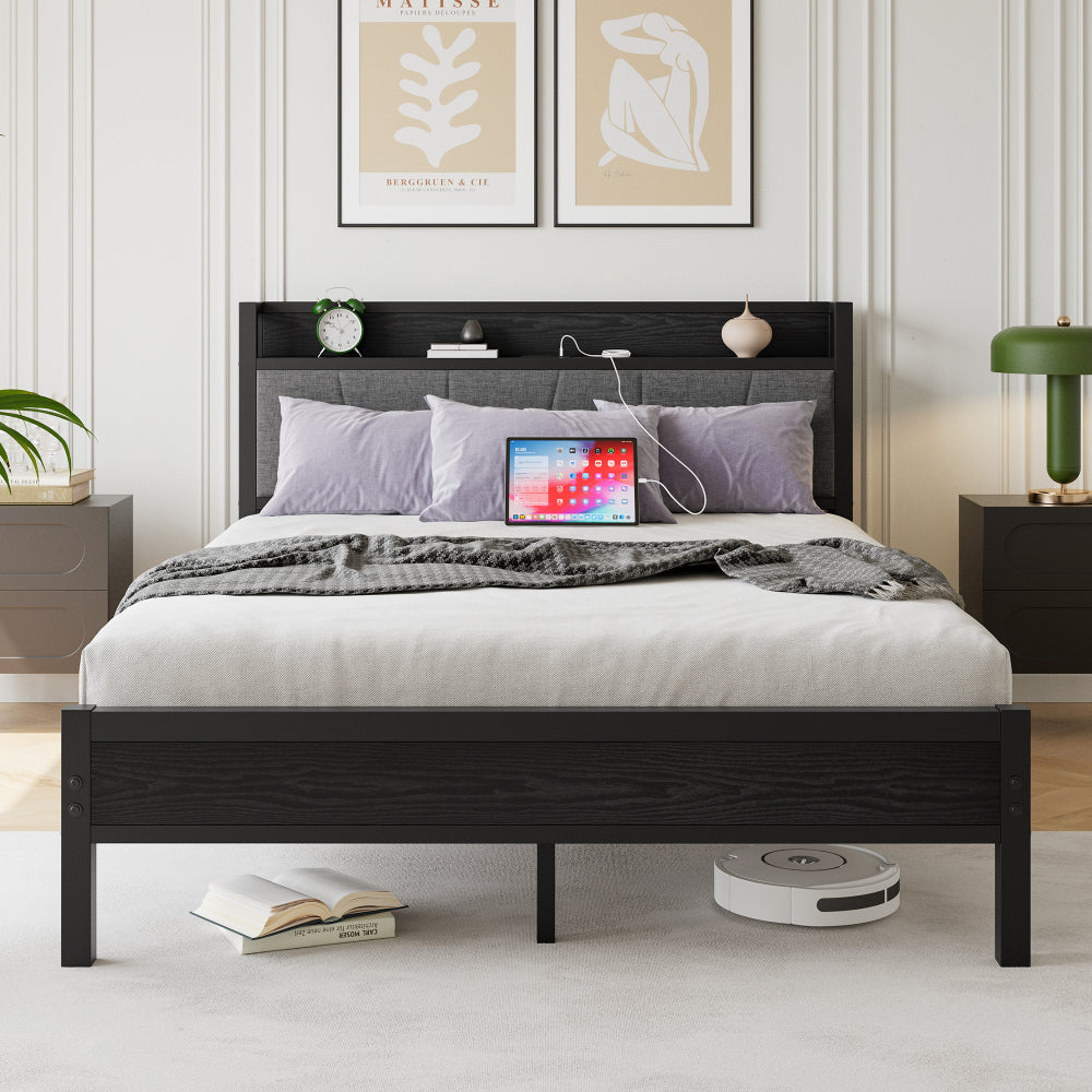 Metal Bed Frame with Storage Headboard & Charging Station - Solid and Stable/Noise Free - No Box Spring Needed