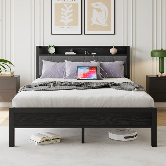 Metal Bed Frame with Storage Headboard & Charging Station - Solid and Stable/Noise Free - No Box Spring Needed