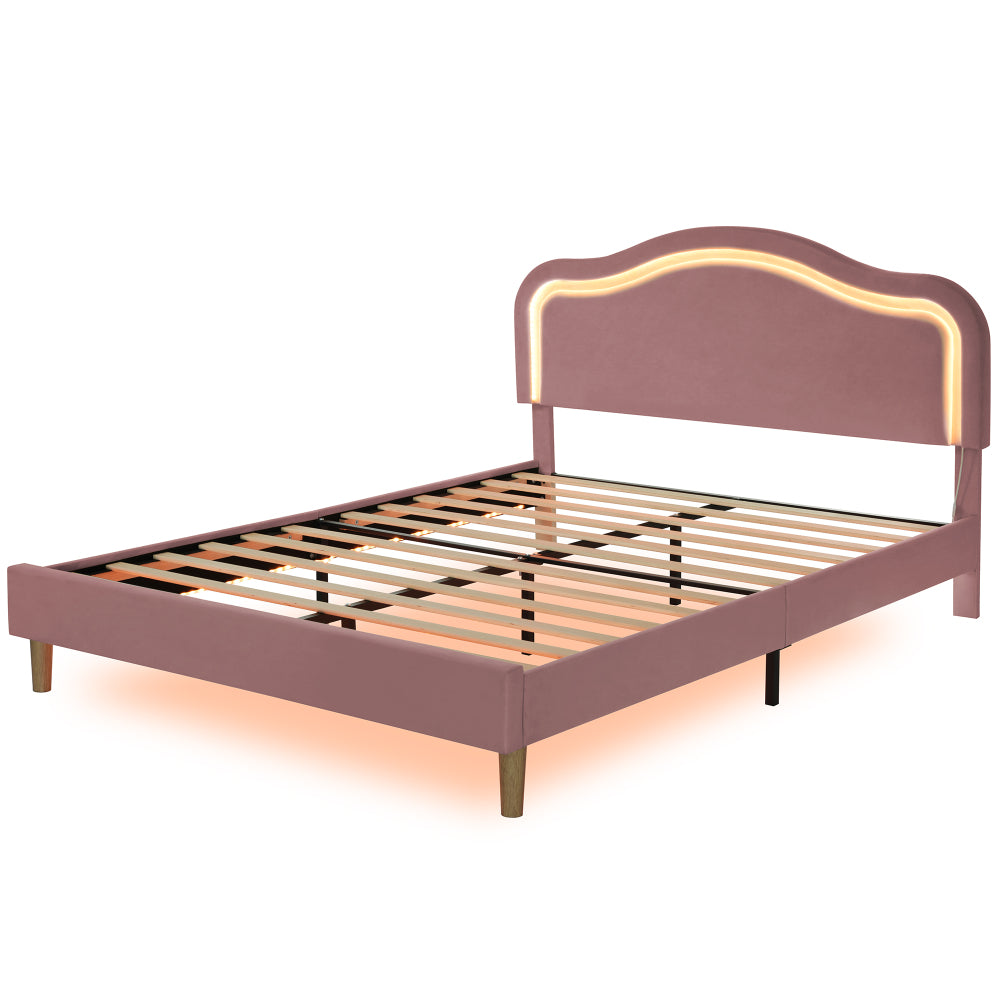 Queen Size Velvet Upholstered Smart LED Bed Frame with Adjustable Height Headboard - No Box Spring Needed - Easy Assembly