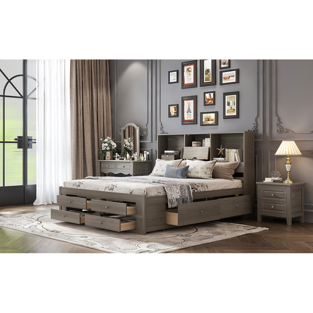 Farmhouse Platform Bed Frame with Storage Headboard - Heavy Duty Solid Bed Frame with 8 Drawers Storage