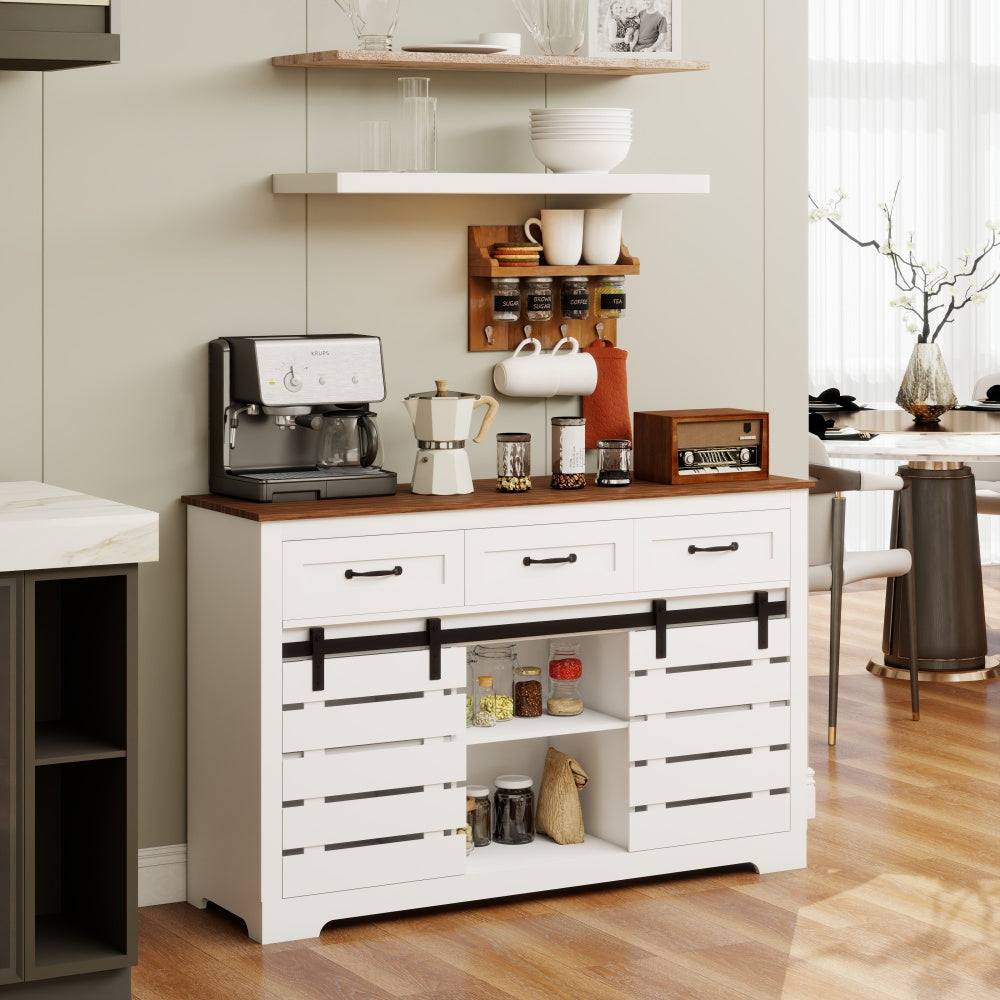 53" Farmhouse Sideboard Buffet Storage Cabinet with 3 Drawers - 2 Sliding Barn Doors & 2 Adjustable Shelves - Coffee Bar Cabinet for Kitchen & Living Room & Dining Room