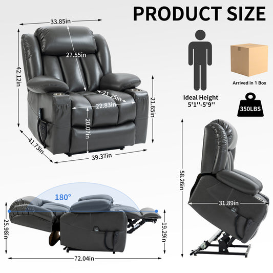 Dual Motor Power Lift Recliner Massage Chair - Infinite Position Up to 350 LBS Leatheraire Arm Chair - Heavy Duty Motion Mechanism with 8-Point Vibration and Lumbar Heating & Cup Holder