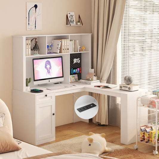 60" L Shaped Desk with Outlet - Computer Desk with Drawers & Bookshelf - Modern Corner Desk with Shelves - Home Office Table/Writing Desk for Gaming Room & Bedroom