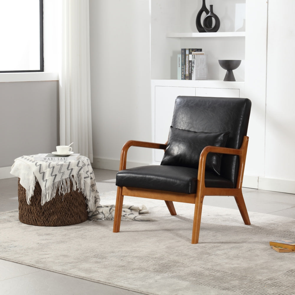 Modern Accent Chair - Solid Wood Pu Leather Padding Lounge Armchair with One Pillow for Living Room & Bedroom & Guest Room