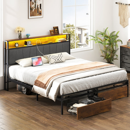 Queen Size Bed Frame with Charging Station - Upholstered Platform Bed Frame with Storage Drawers & USB Ports & LED Lights