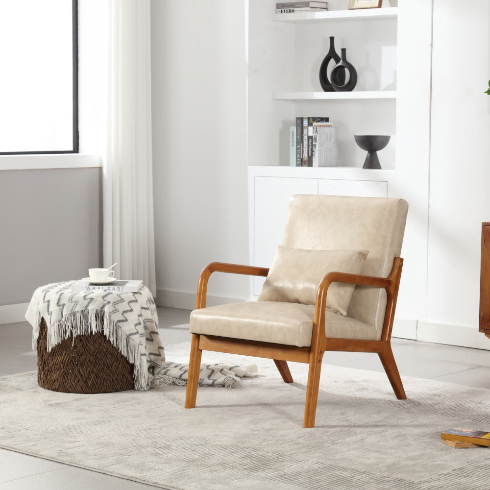 Modern Accent Chair - Solid Wood Pu Leather Padding Lounge Armchair with One Pillow for Living Room & Bedroom & Guest Room