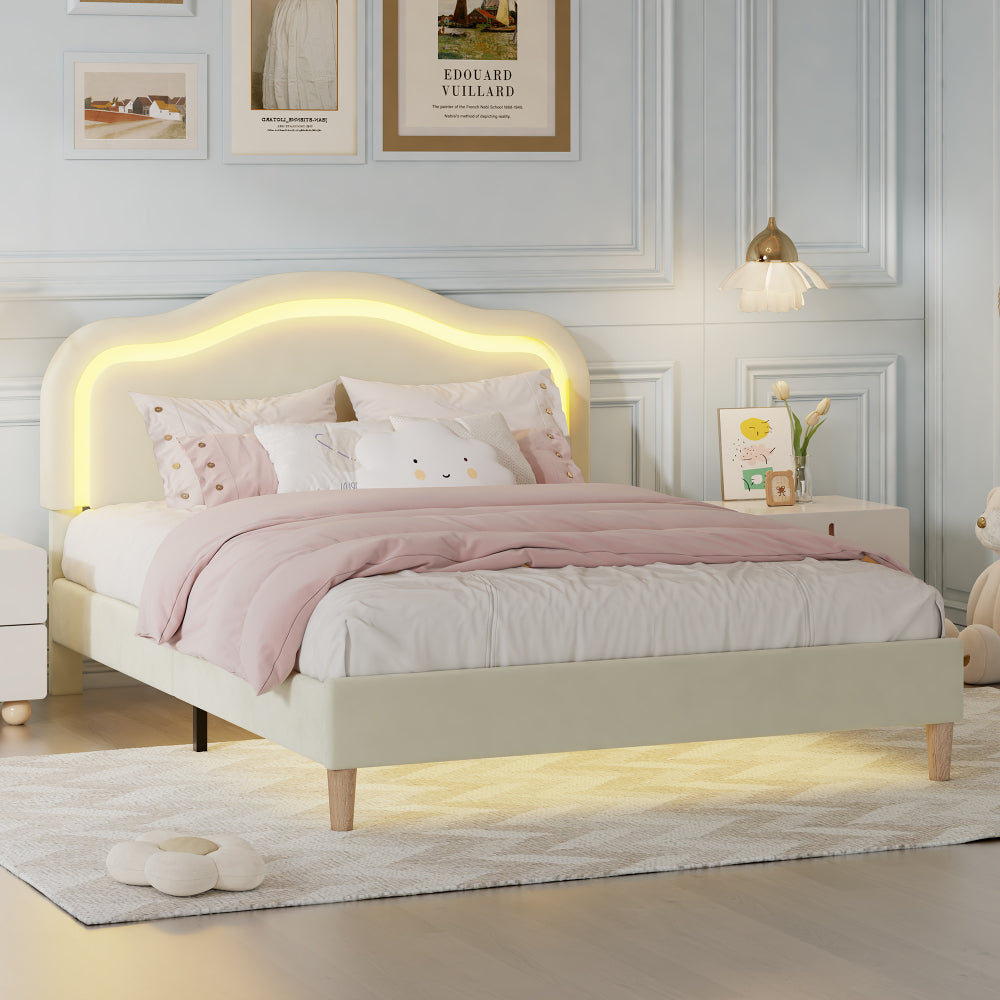 Queen Size Velvet Upholstered Smart LED Bed Frame with Adjustable Height Headboard - No Box Spring Needed - Easy Assembly