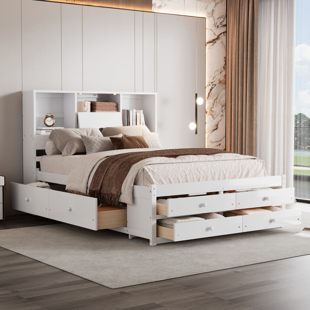 Farmhouse Platform Bed Frame with Storage Headboard - Heavy Duty Solid Bed Frame with 8 Drawers Storage