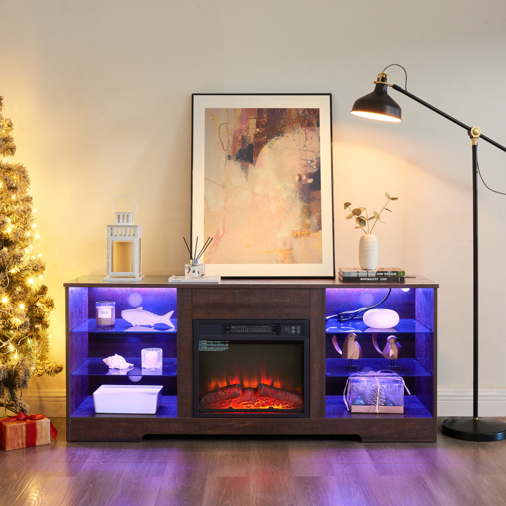58" TV Stand with Electric Fireplace & Glass Shelves - 3D Fireplace TV Stand with LED Lights & USB Charging Outlet - Modern Television Table Center for TV up to 62" for Living Room