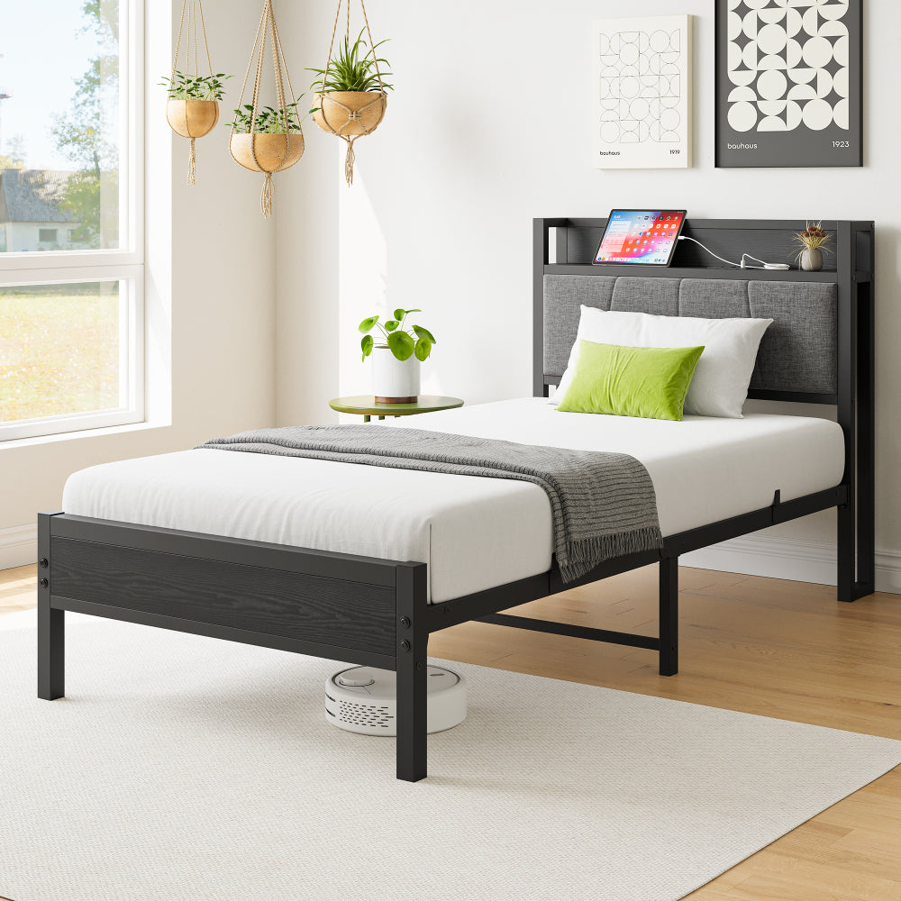 Metal Bed Frame with Storage Headboard & Charging Station - Solid and Stable/Noise Free - No Box Spring Needed