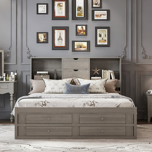 Farmhouse Platform Bed Frame with Storage Headboard - Heavy Duty Solid Bed Frame with 8 Drawers Storage