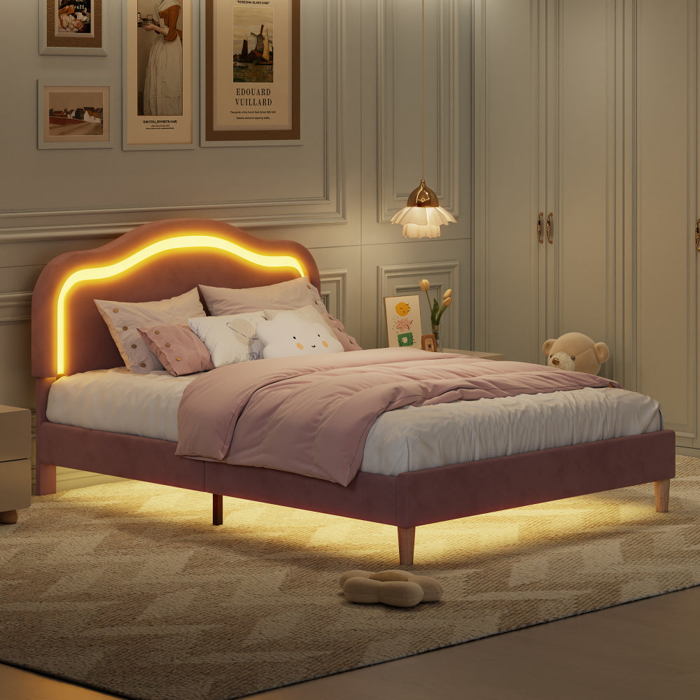 Queen Size Velvet Upholstered Smart LED Bed Frame with Adjustable Height Headboard - No Box Spring Needed - Easy Assembly