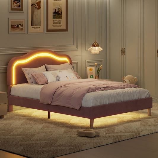Queen Size Velvet Upholstered Smart LED Bed Frame with Adjustable Height Headboard - No Box Spring Needed - Easy Assembly