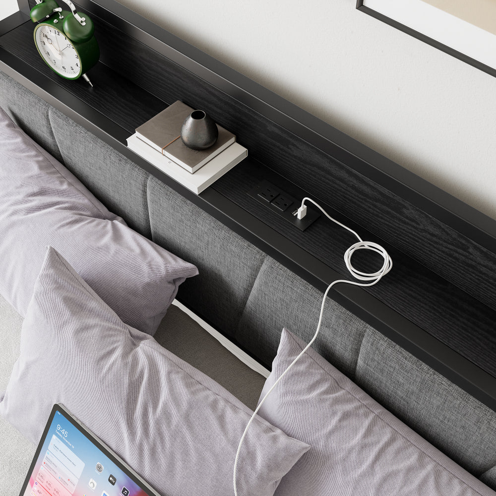 Metal Bed Frame with Storage Headboard & Charging Station - Solid and Stable/Noise Free - No Box Spring Needed