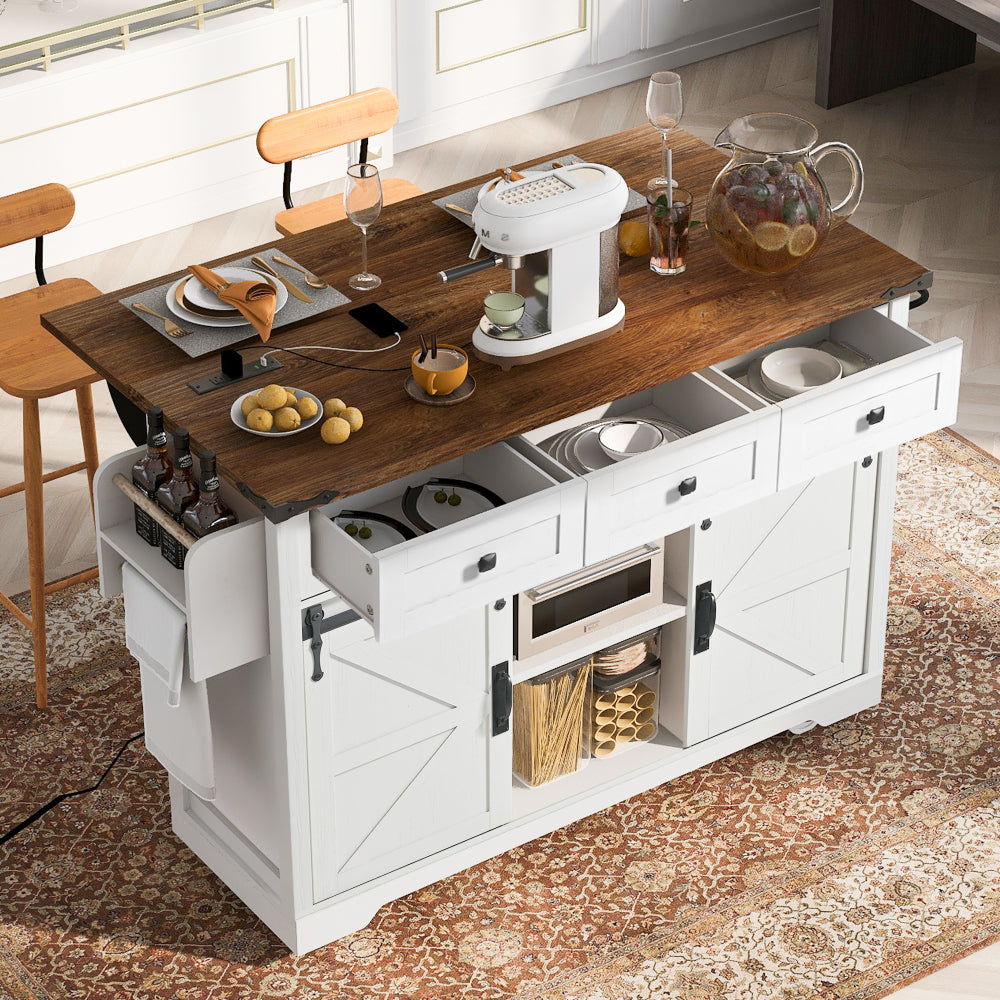 47" Farmhouse Kitchen Island with Power Outlet - 2 Sliding Barn Door with Drop Leaf & Spice Rack - Rolling Kitchen Cart on Wheels for Kitchen and Dining Room