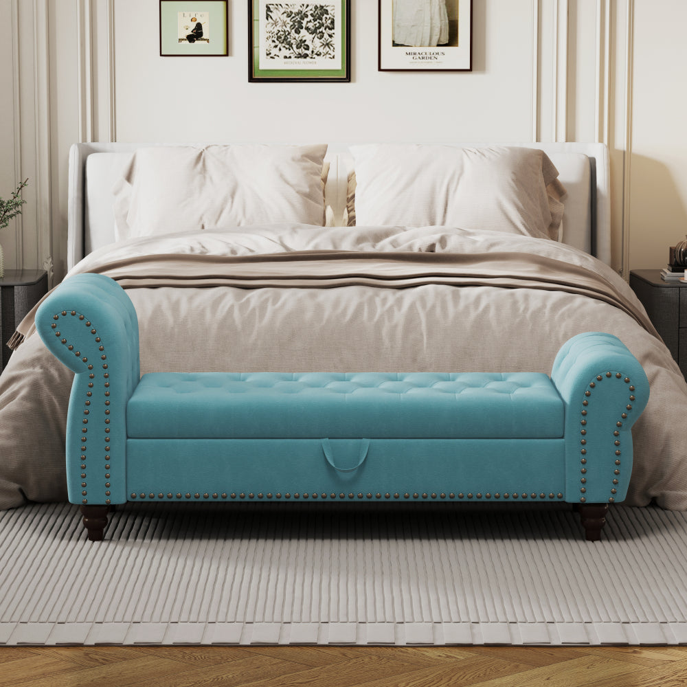 64.5" Luxury Bed Bench for Bedroom Nails Tufted Chaise of Lounge with Storage - Velvet Upholstery Bench for Living Room