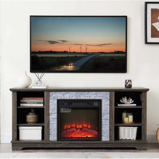 58" TV Media Stand with Electric Fireplace -  Faux Stacked Stone Surround Modern Entertainment Console Shelf with Open Storage Space for Living Room