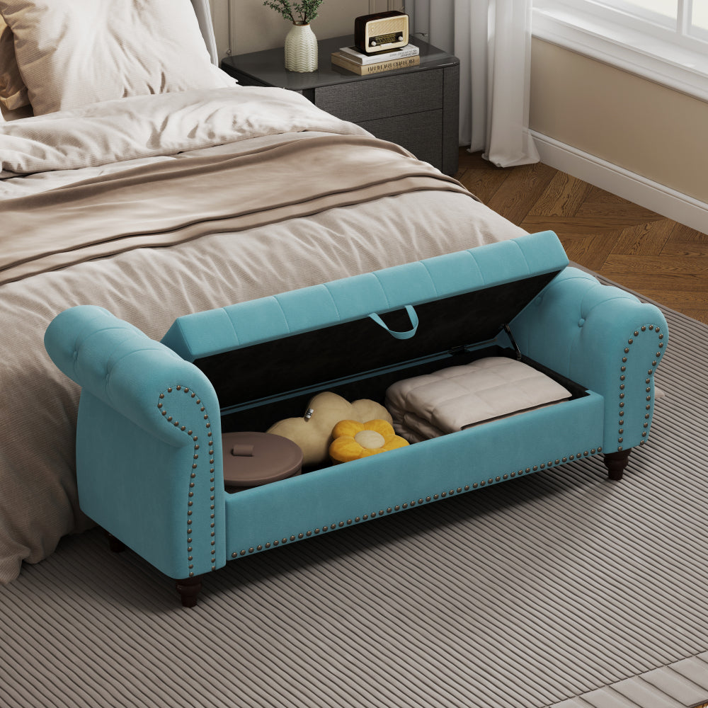 64.5" Luxury Bed Bench for Bedroom Nails Tufted Chaise of Lounge with Storage - Velvet Upholstery Bench for Living Room