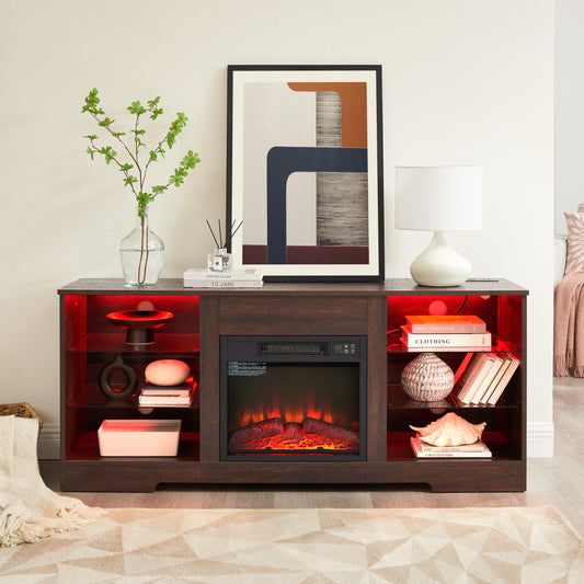 58" TV Stand with Electric Fireplace & Glass Shelves - 3D Fireplace TV Stand with LED Lights & USB Charging Outlet - Modern Television Table Center for TV up to 62" for Living Room