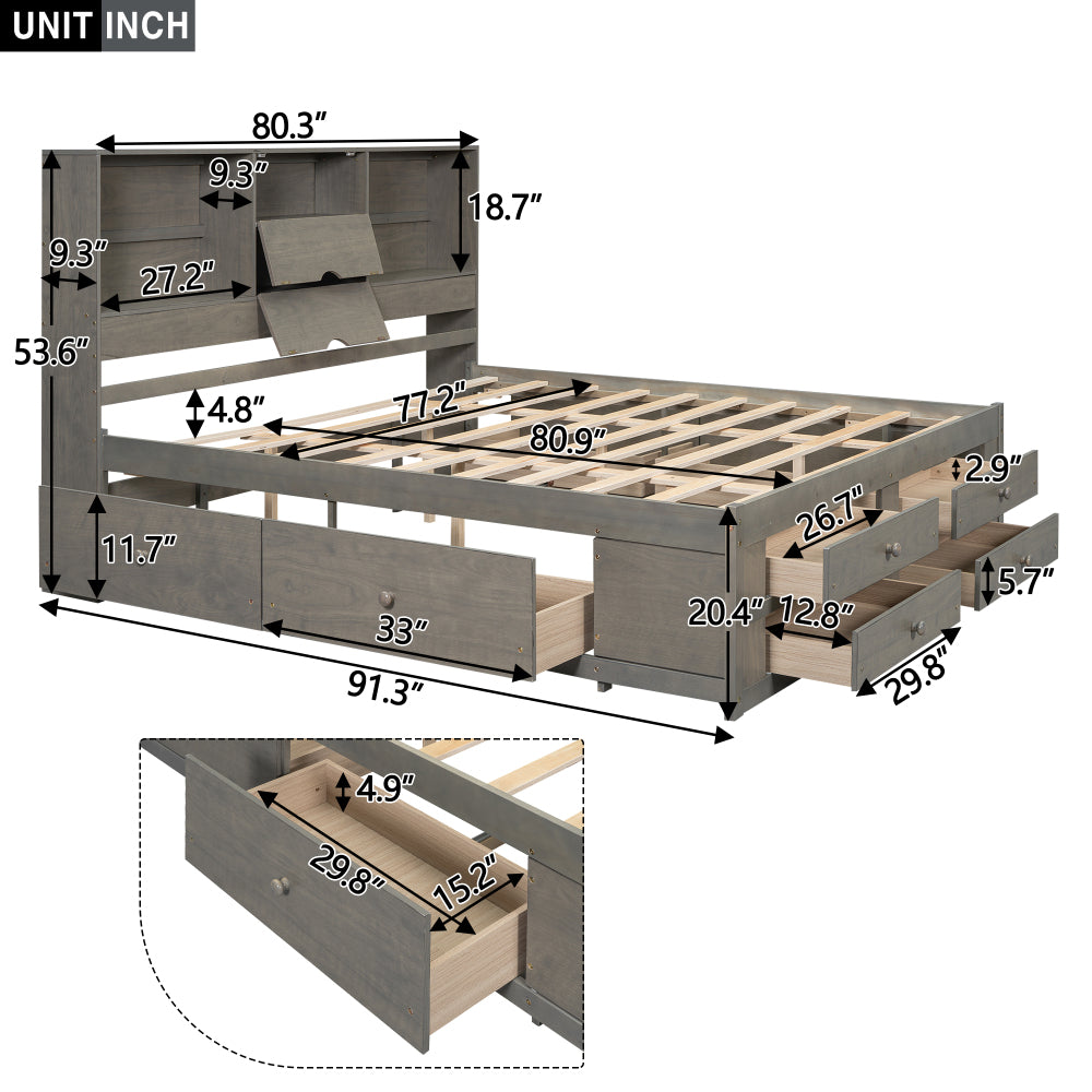 Farmhouse Platform Bed Frame with Storage Headboard - Heavy Duty Solid Bed Frame with 8 Drawers Storage