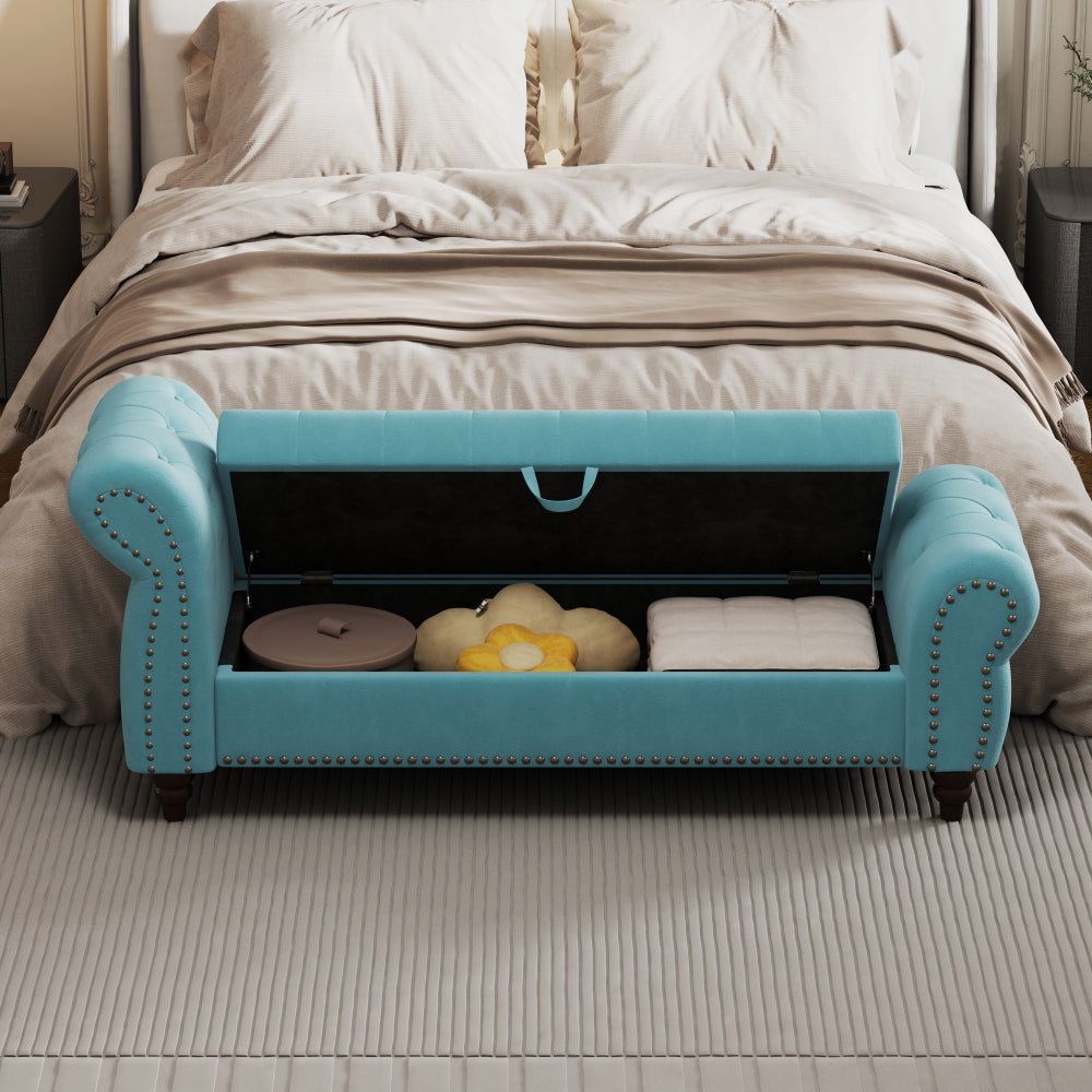 64.5" Luxury Bed Bench for Bedroom Nails Tufted Chaise of Lounge with Storage - Velvet Upholstery Bench for Living Room