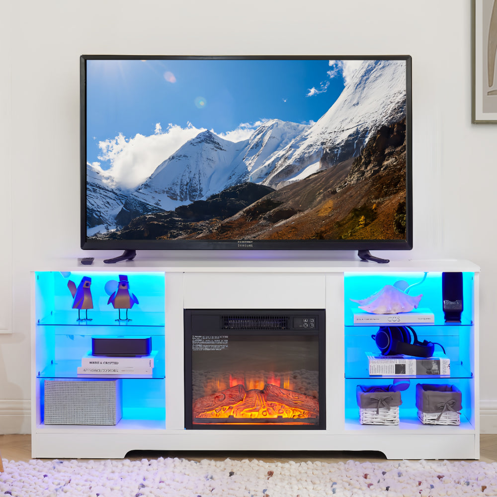 58" TV Stand with Electric Fireplace & Glass Shelves - 3D Fireplace TV Stand with LED Lights & USB Charging Outlet - Modern Television Table Center for TV up to 62" for Living Room