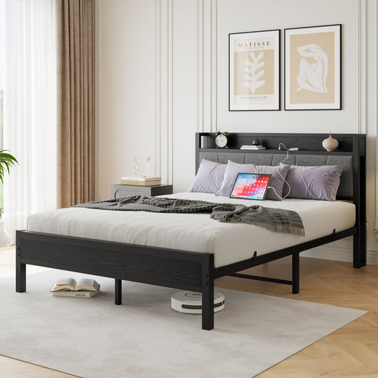Metal Bed Frame with Storage Headboard & Charging Station - Solid and Stable/Noise Free - No Box Spring Needed