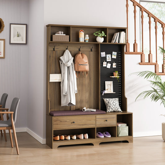77" Tall Hallway Tree with Removable Linen Cushion - Entryway Bench with Coat Rack & Shoe Storage Shelves & Drawers for Hallway & Living Room