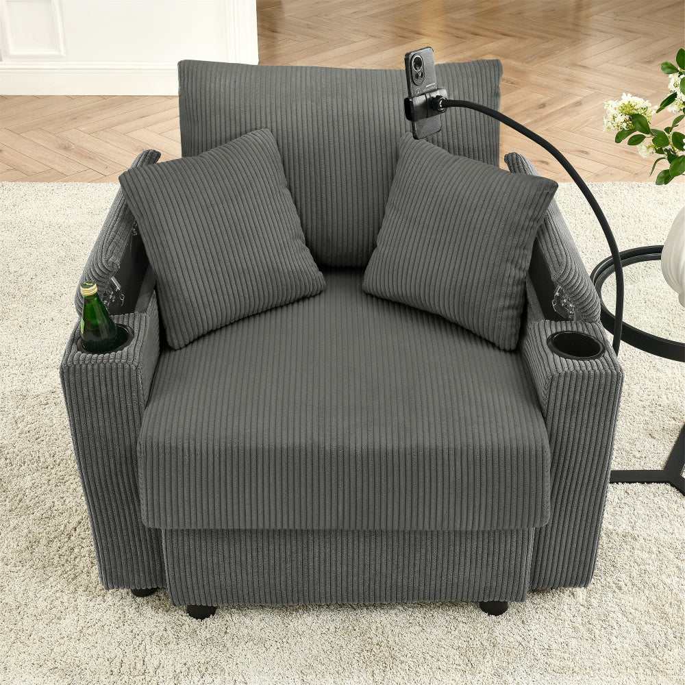 Accent Chair with Storage Armrest - Comfy Arm Chairs with 8'' Thick Cushion - 2 Cup Holders & Phone Holder for Living Room & Bedroom