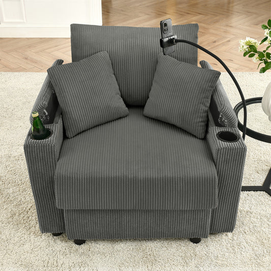 Accent Chair with Storage Armrest - Comfy Arm Chairs with 8'' Thick Cushion - 2 Cup Holders & Phone Holder for Living Room & Bedroom