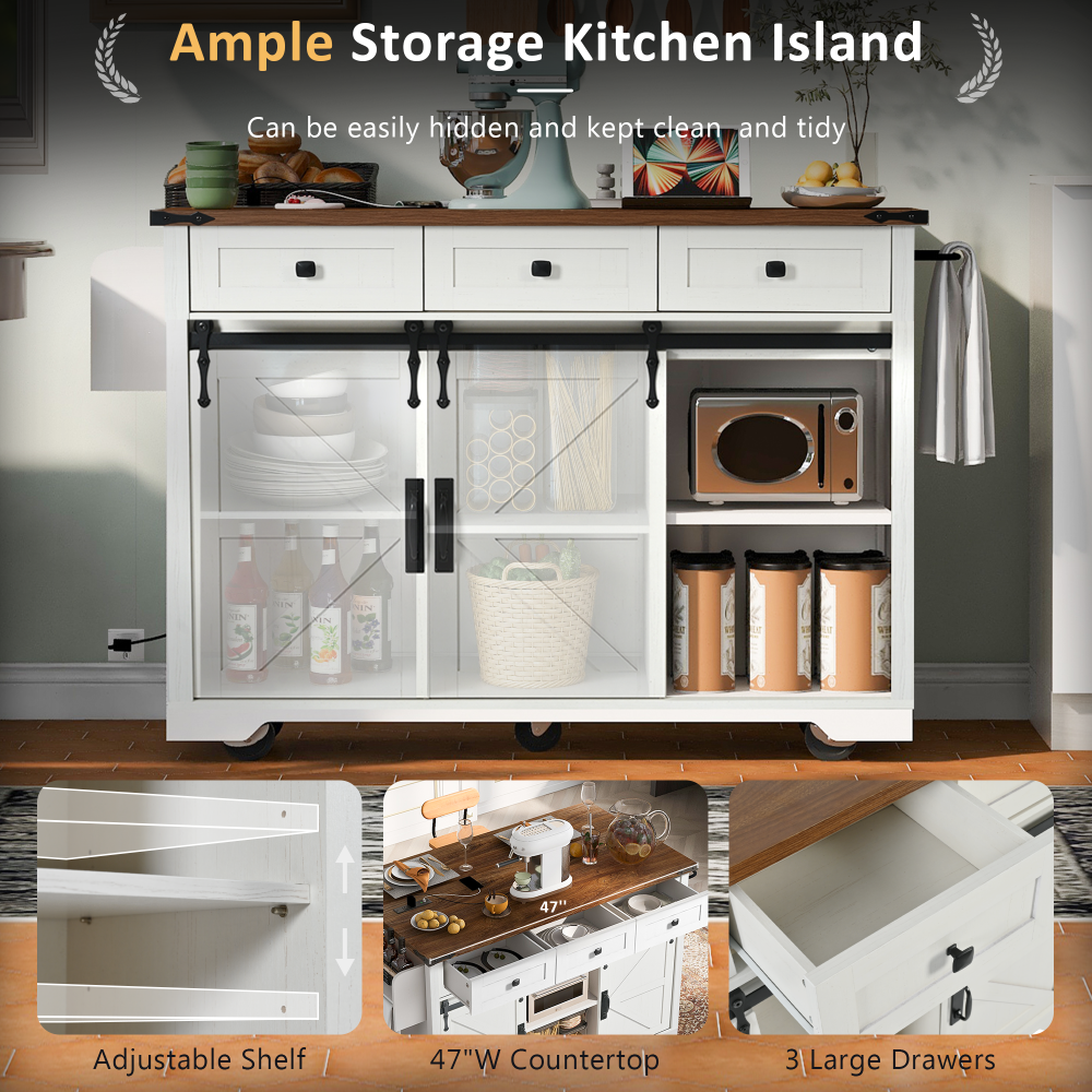 47" Farmhouse Kitchen Island with Power Outlet - 2 Sliding Barn Door with Drop Leaf & Spice Rack - Rolling Kitchen Cart on Wheels for Kitchen and Dining Room