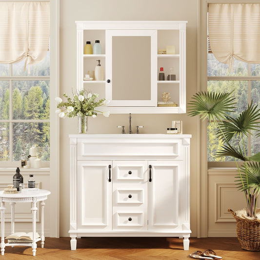 36'' Bathroom Vanity with Top Sink & Mirror Cabinet - Vintage Bathroom Storage Cabinet with Soft Closing Doors and Drawers & Medicine Cabinet