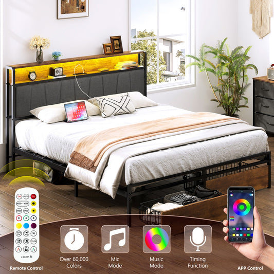 Queen Size Bed Frame with Charging Station - Upholstered Platform Bed Frame with Storage Drawers & USB Ports & LED Lights