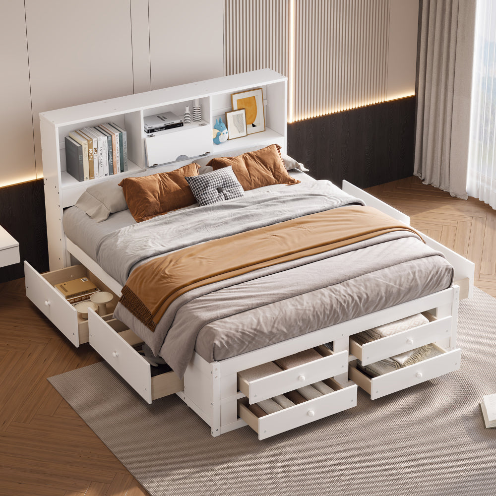 Farmhouse Platform Bed Frame with Storage Headboard - Heavy Duty Solid Bed Frame with 8 Drawers Storage