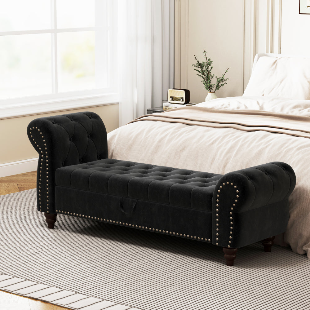 64.5" Luxury Bed Bench for Bedroom Nails Tufted Chaise of Lounge with Storage - Velvet Upholstery Bench for Living Room