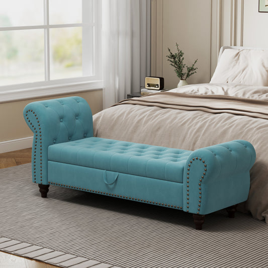 64.5" Luxury Bed Bench for Bedroom Nails Tufted Chaise of Lounge with Storage - Velvet Upholstery Bench for Living Room
