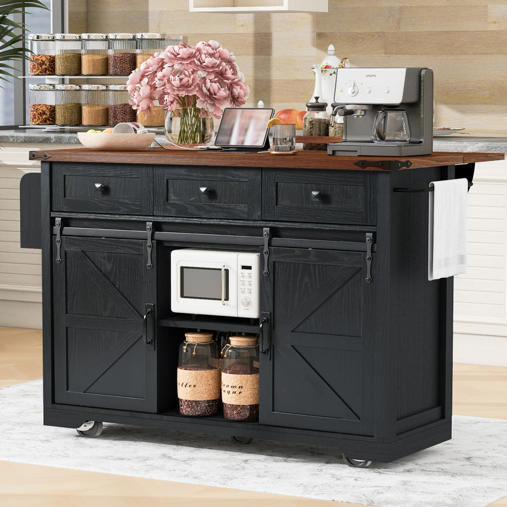 47" Farmhouse Kitchen Island with Power Outlet - 2 Sliding Barn Door with Drop Leaf & Spice Rack - Rolling Kitchen Cart on Wheels for Kitchen and Dining Room