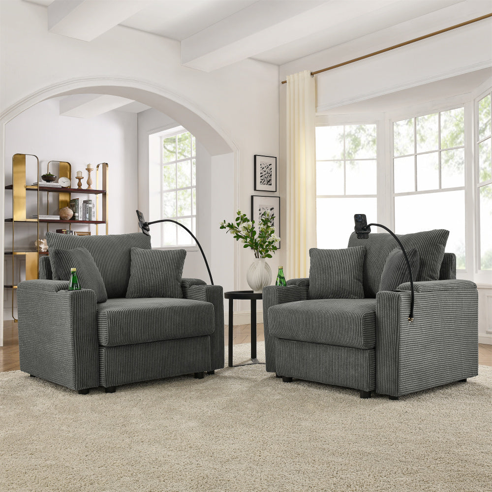 Accent Chair Set of 2 - Modern Sofa Chair with Storage - Deep Seat Couch with Cup Holders & Phone Holder for Living Room & Bedroom & Gaming Room