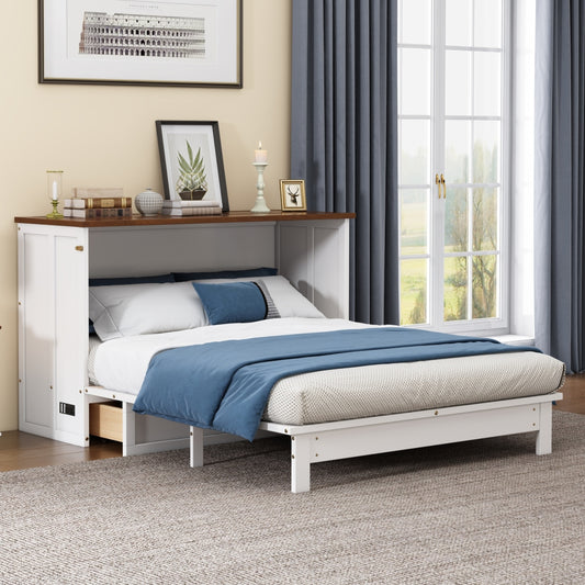 Queen Size Solid Pine Murphy Bed Chest with Charging Station & Large Storage Drawer for Home Office & Small Room & Dorm & Bedroom