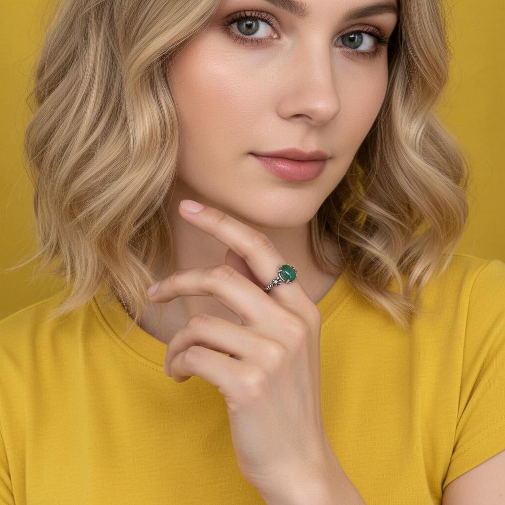 925 Sterling Silver Ring 8x6mm Natural Emerald Gemstone Women Jewelry Green Gift