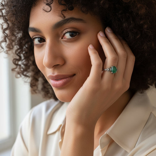 925 Sterling Silver Ring 8x6mm Natural Emerald Gemstone Women Jewelry Green Gift